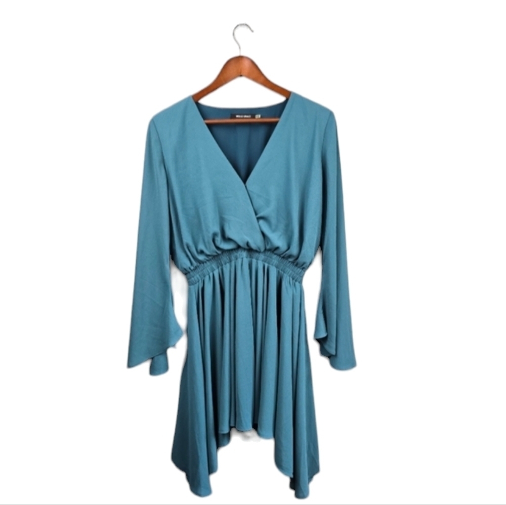 WELLS GRACE Flowy‎ Bell Sleeves V-neck Mini Dress Blue/Teal Womens Sz M